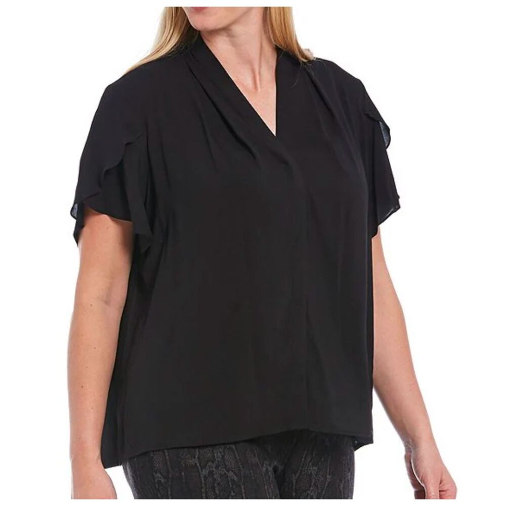 Women Calvin Klein V-Neck Tulip Short Sleeve Blouse in Black Size Large